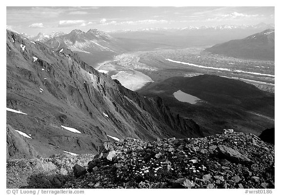 Mountain landscape with glacier seen from above. Wrangell-St Elias National Park, Alaska, USA.