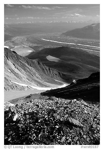 Junction of Kennicott and Root glaciers seen from Mt Donoho, late afternoon. Wrangell-St Elias National Park, Alaska, USA.