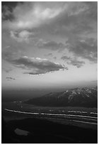 Clouds, glacier, and mountains seen from above. Wrangell-St Elias National Park ( black and white)