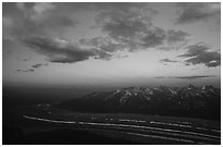 Sunrise, Kennicott glacier seen from Mt Donoho. Wrangell-St Elias National Park, Alaska, USA. (black and white)