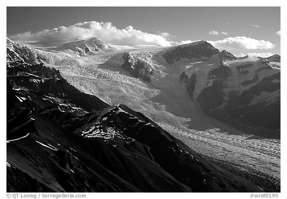 Root glacier seen from Donoho Peak, morning. Wrangell-St Elias National Park (black and white)
