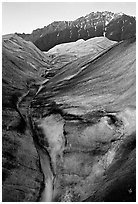 Root Glacier with glacial stream, and mountains. Wrangell-St Elias National Park, Alaska, USA. (black and white)