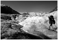 Backpacker on Root glacier. Wrangell-St Elias National Park, Alaska, USA. (black and white)