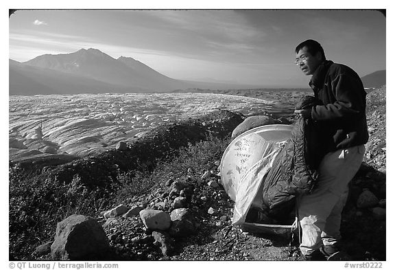 Camping on the moraine above Root glacier. Wrangell-St Elias National Park, Alaska, USA.