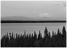 Wrangell range and Mt Blackburn above Willow Lake with pink sunset hues. Wrangell-St Elias National Park, Alaska, USA. (black and white)