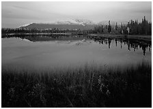 Pond with mountain reflections at dusk, near Chokosna. Wrangell-St Elias National Park ( black and white)