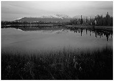 Pond with mountain reflections at dusk, near Chokosna. Wrangell-St Elias National Park, Alaska, USA. (black and white)