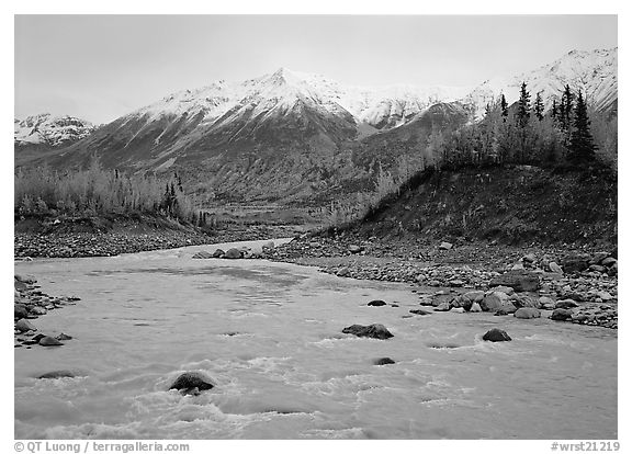 Kennicott River and snow-covered Bonanza ridge. Wrangell-St Elias National Park (black and white)