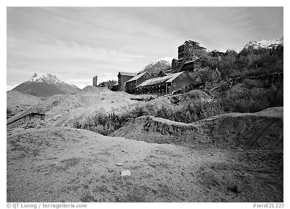 Kennecott abandonned mill above moraines. Wrangell-St Elias National Park, Alaska, USA.