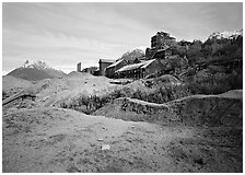 Kennecott abandonned mill above moraines. Wrangell-St Elias National Park ( black and white)