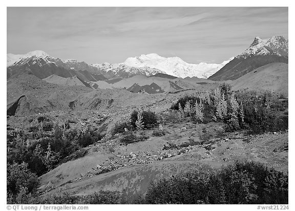 Mt Wrangell and Root Glacier moraines seen from Kenicott. Wrangell-St Elias National Park (black and white)