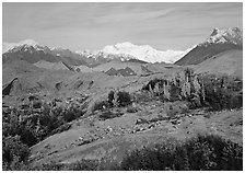 Mt Wrangell and Root Glacier moraines  seen from Kenicott. Wrangell-St Elias National Park ( black and white)