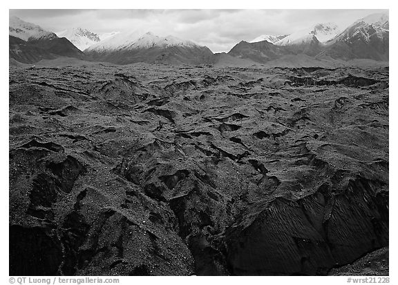 Glacier covered with black rocks. Wrangell-St Elias National Park (black and white)