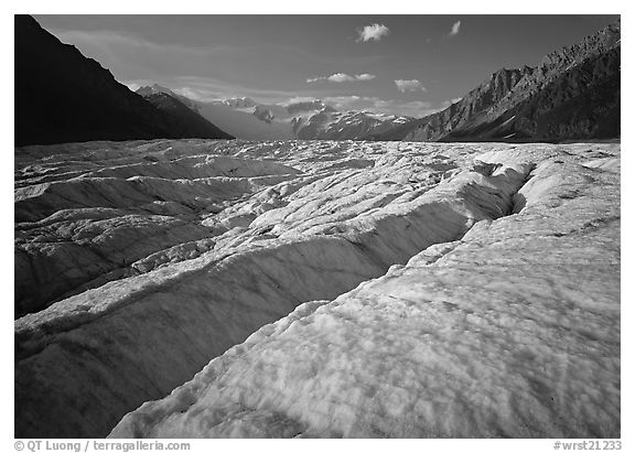 Crevasses and Root Glacier, afternoon. Wrangell-St Elias National Park, Alaska, USA.