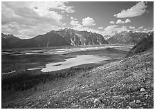 Kennicott Glacier and lake in the distance. Wrangell-St Elias National Park, Alaska, USA. (black and white)