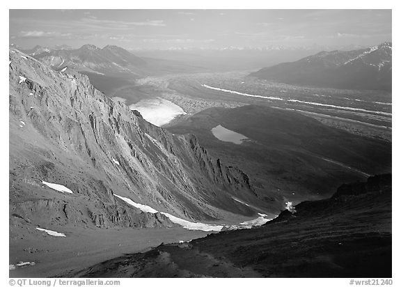 View over hazy Chugach mountains and Kennicott Glacier from Donoho Peak. Wrangell-St Elias National Park (black and white)