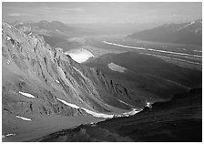 View over hazy Chugach mountains and Kennicott Glacier from Mt Donoho. Wrangell-St Elias National Park, Alaska, USA. (black and white)