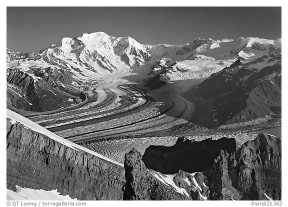 Mt Blackburn and Kennicott glacier seen from Mt Donoho, morning. Wrangell-St Elias National Park, Alaska, USA.