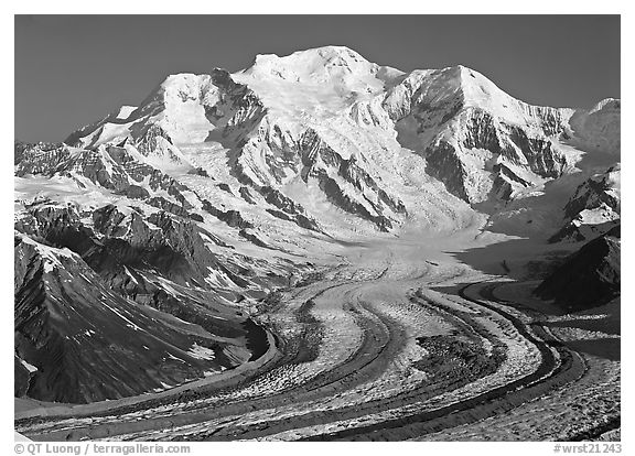 Mt Blackburn and Kennicott glacier seen from Mt Donoho, morning. Wrangell-St Elias National Park (black and white)