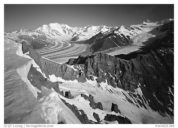 Corniche and view of glaciers and Mt Blackburn range. Wrangell-St Elias National Park, Alaska, USA.