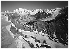 Corniche and view of glaciers and Mt Blackburn range. Wrangell-St Elias National Park, Alaska, USA. (black and white)