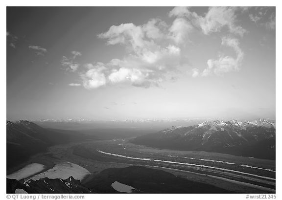 Kennicott Glacier, Chugach mountains, and clouds from Mt Donoho, sunrise. Wrangell-St Elias National Park (black and white)