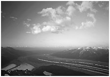 Kennicott Glacier, Chugach mountains, and clouds from Mt Donoho, sunrise. Wrangell-St Elias National Park, Alaska, USA. (black and white)