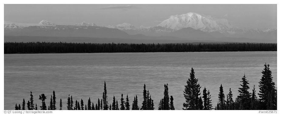 Snowy mountain rising mysteriously above lake. Wrangell-St Elias National Park (black and white)