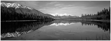 Lake and snowy peaks. Wrangell-St Elias National Park (Panoramic black and white)