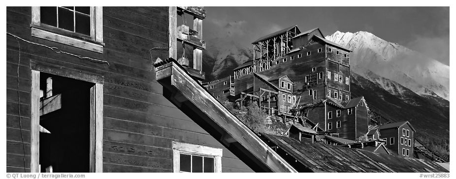 Copper mine buildings and snowy peak, Kennicott. Wrangell-St Elias National Park (black and white)