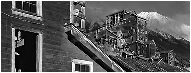 Copper mine buildings and snowy peak, Kennicott. Wrangell-St Elias National Park (Panoramic black and white)