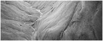 Stream and ice close-up on glacier. Wrangell-St Elias National Park (Panoramic black and white)