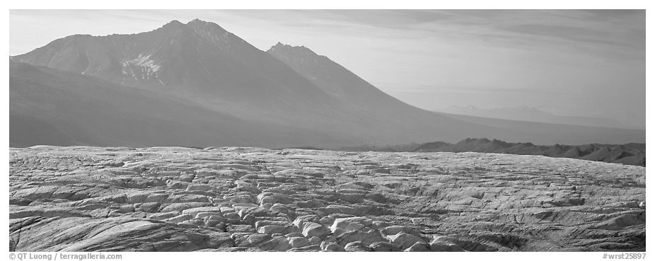 Crevassed glacier and mountains. Wrangell-St Elias National Park (black and white)