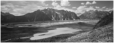 Glacial valley and lake. Wrangell-St Elias National Park (Panoramic black and white)