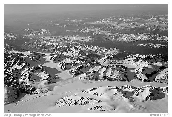 Aerial view of icefields and mountains, St Elias range. Wrangell-St Elias National Park (black and white)