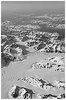 Aerial view of glaciers and mountains, St Elias range. Wrangell-St Elias National Park, Alaska, USA. (black and white)