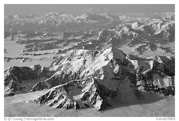 Aerial view of Mt St Elias and Mt Logan. Wrangell-St Elias National Park (black and white)