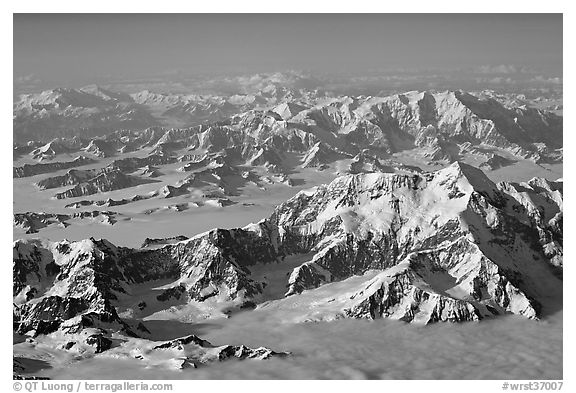 Aerial view of Mount St Elias with Mount Logan in background. Wrangell-St Elias National Park (black and white)