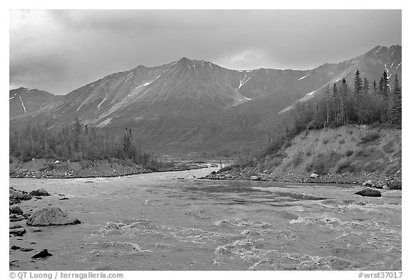 Kennicott River and Bonanza ridge at sunset. Wrangell-St Elias National Park (black and white)