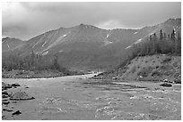 Kennicott River and Bonanza ridge at sunset. Wrangell-St Elias National Park, Alaska, USA. (black and white)