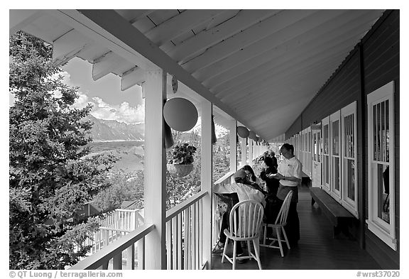 Porch of Kennicott Lodge. Wrangell-St Elias National Park (black and white)