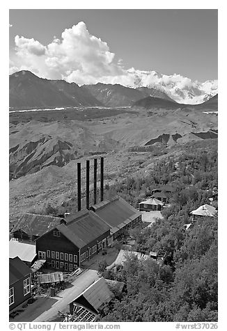 Kennecott power plant, Root Glacier moraines, and Mt Blackburn. Wrangell-St Elias National Park, Alaska, USA.