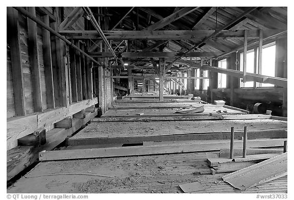 Shaking tables in the Kennecott copper mill. Wrangell-St Elias National Park (black and white)