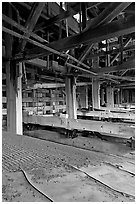 Shaking tables in the Kennecott concentration plant. Wrangell-St Elias National Park, Alaska, USA. (black and white)