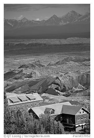 Kennecott mill town buildings and moraines of Root Glacier. Wrangell-St Elias National Park (black and white)