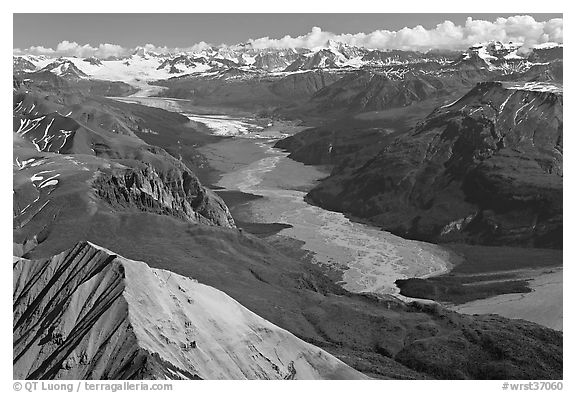 Aerial view of Nizina River. Wrangell-St Elias National Park (black and white)