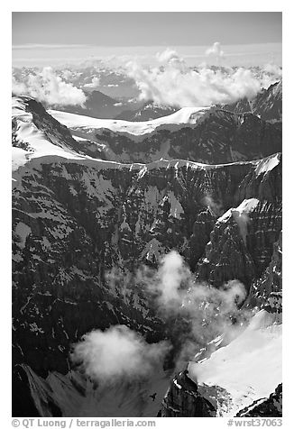 Aerial view of steep rock mountain faces. Wrangell-St Elias National Park, Alaska, USA.