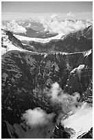 Aerial view of steep rock mountain faces. Wrangell-St Elias National Park, Alaska, USA. (black and white)