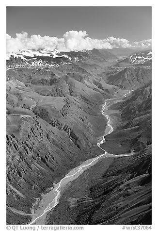 Aerial view of verdant river valley. Wrangell-St Elias National Park (black and white)