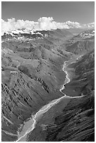 Aerial view of verdant river valley. Wrangell-St Elias National Park, Alaska, USA. (black and white)